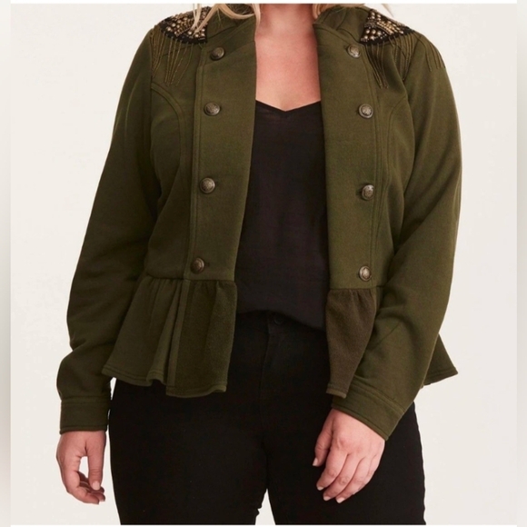 torrid Jackets & Blazers - 1X • Torrid • Army Green Bead Chain Embellished Military Sweatshirt Jacket